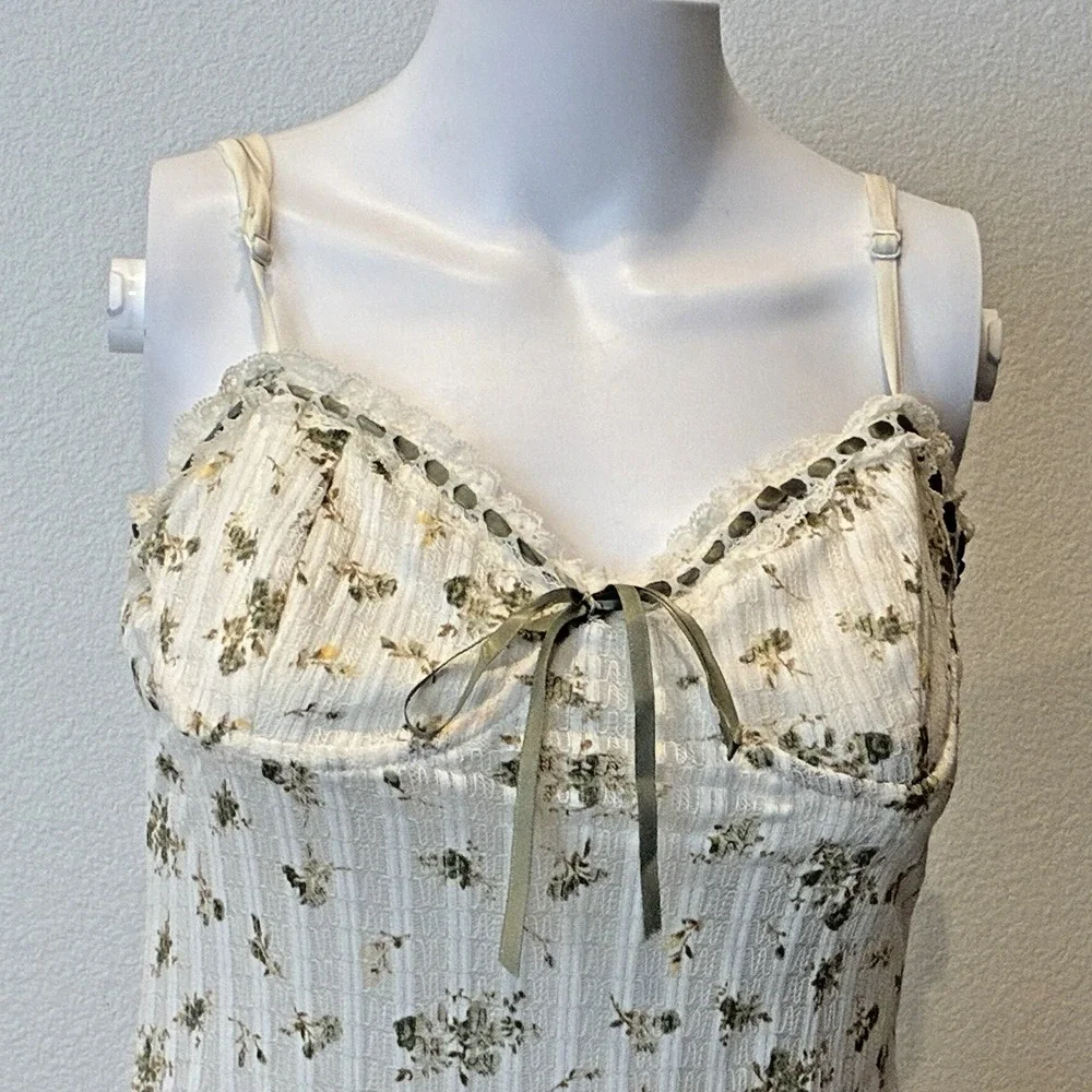 Vintage Y2K Floral Milkmaid Coquette Mini Dress Size M Ivory Romantic Cottage